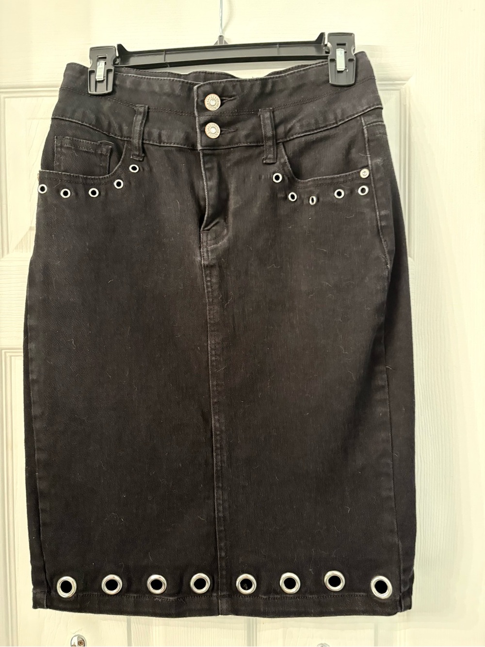 Hydraulic Black Denim Pencil Skirt with Silver Eyelet Trim